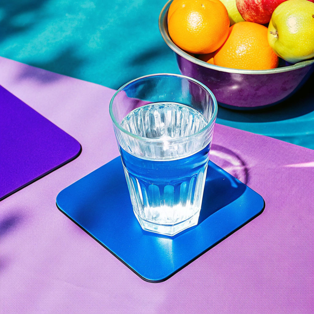 Glass Of Water With Stainless Steel Coaster On Tab
